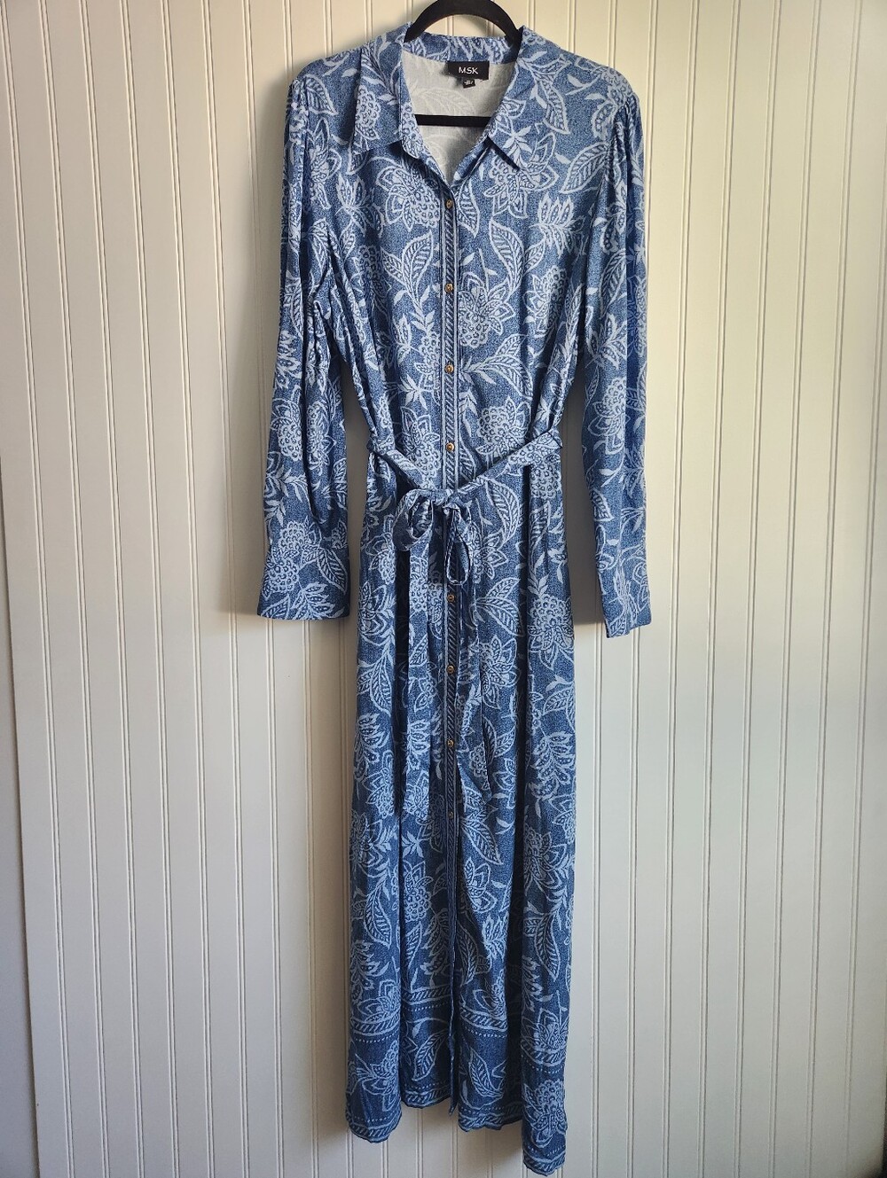 MSK Blue Floral Print Lightweight Long Sleeve Button Front Maxi Dress XL